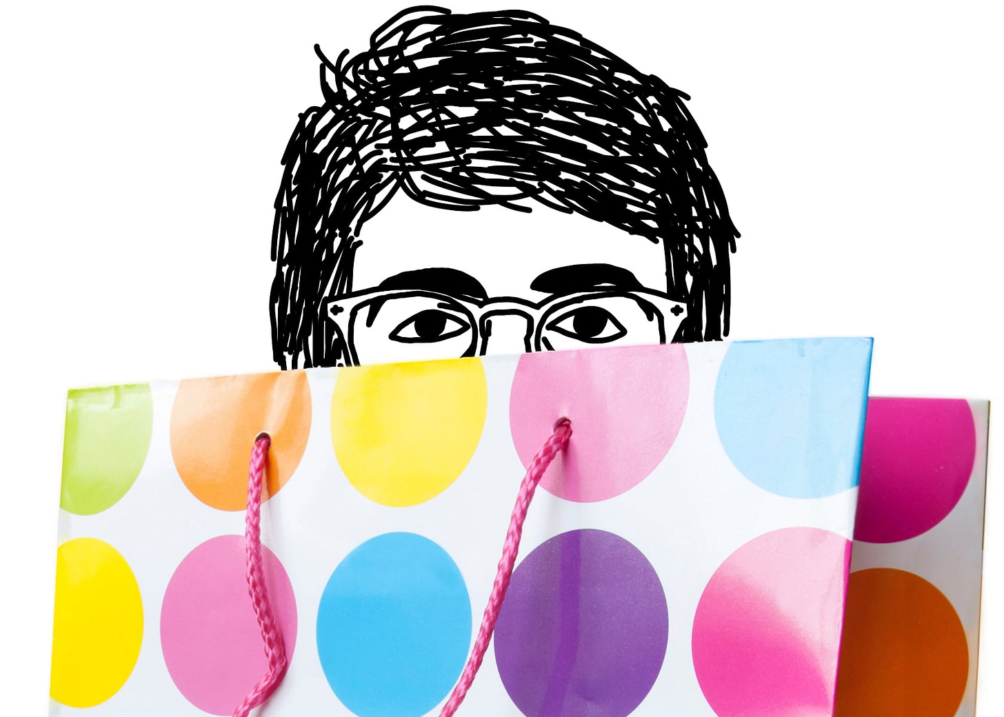 A black line drawing of Alex, the protagonist of "I Hear You Watching." He is white, short messy parted hair, glasses. He stares straight at you, peeking over the edge of a multicolored polka-dot gift bag.