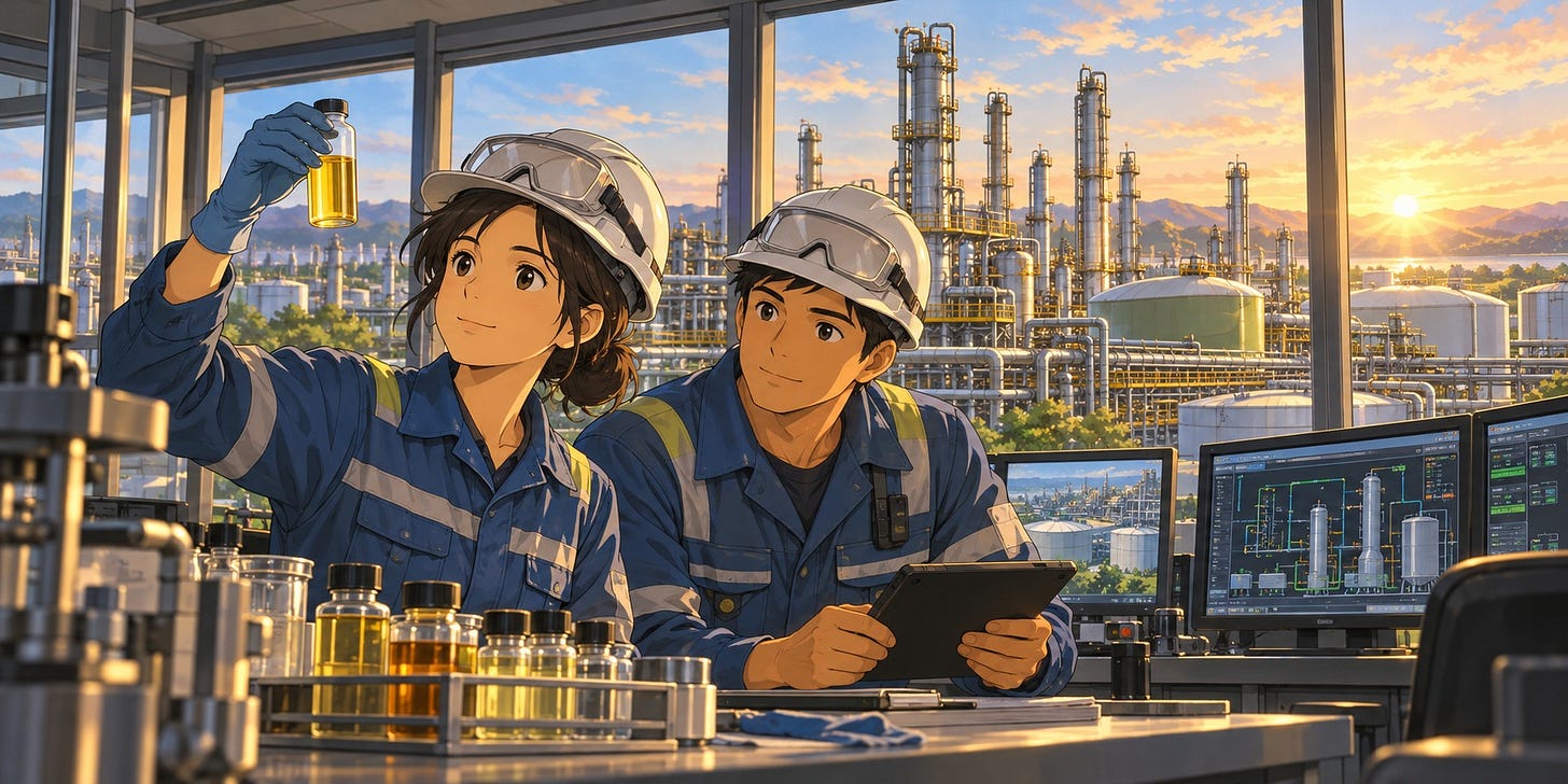 Engineers working indoors at a renewable-fuels refinery, with windows behind them.