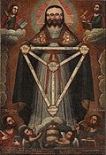 An anonymous 18th century Catholic painting from the Peruvian Cuzco School. This work depicts the Holy Triune God; one in essence, with three persons