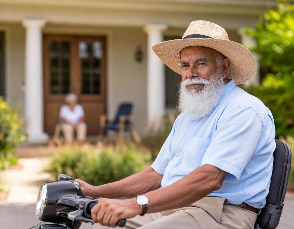 Tight portrait of 80-year-old native American man sitting in three-wheeled mobility scooter and wearing a hat. His wife is in the background.