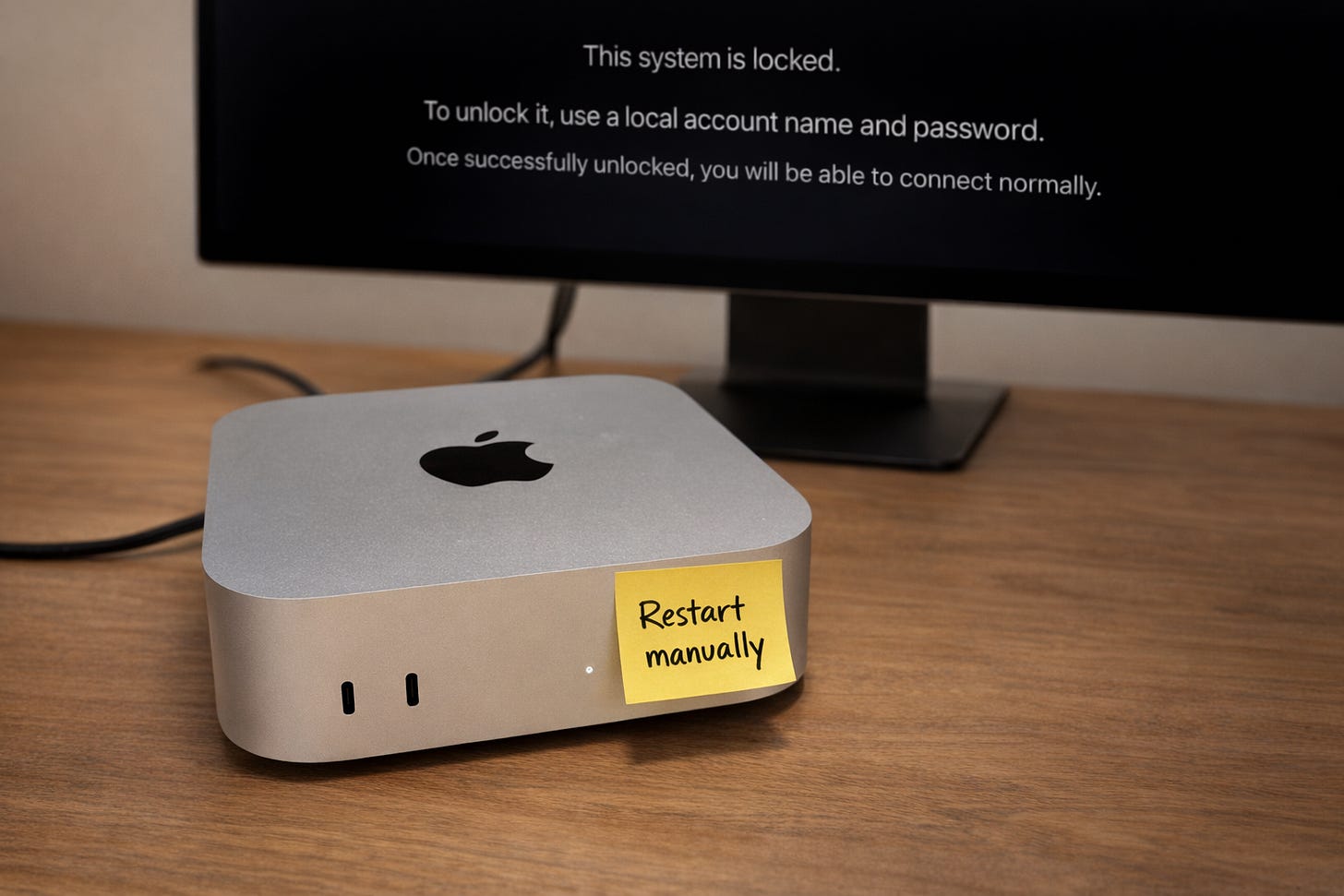 Image of Mac Mini with post it saying "Restart manually"