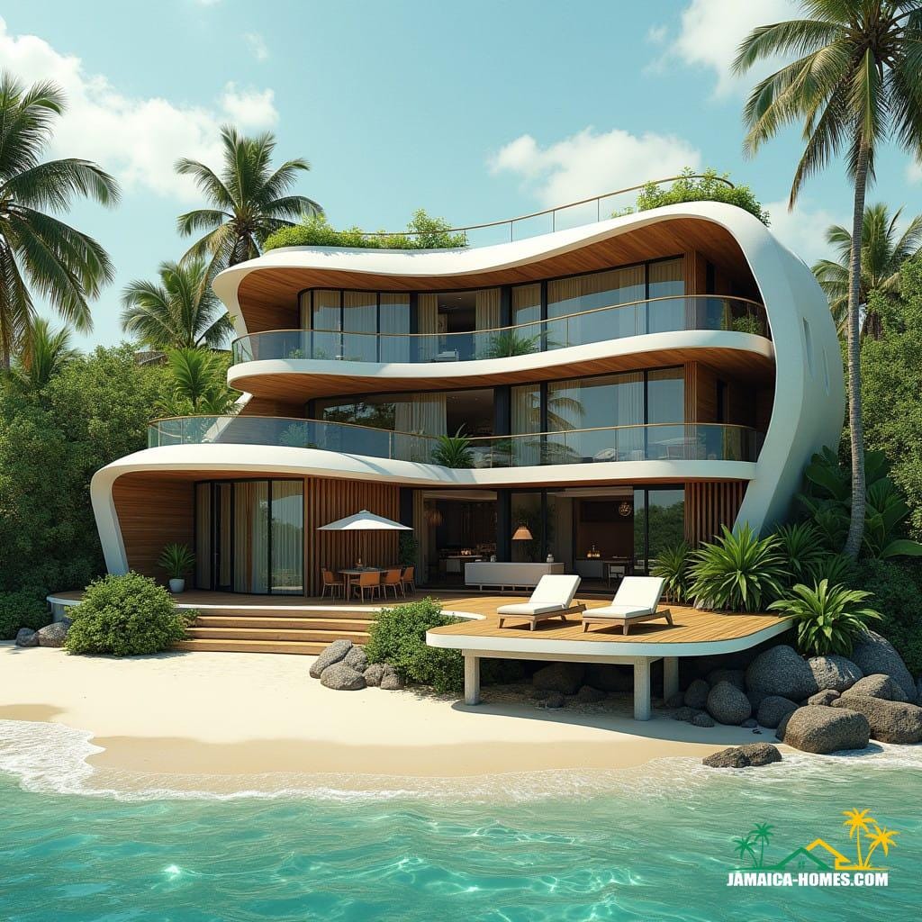 A luxurious and modern three-story beachfront home in Jamaica, blending contemporary architecture with tropical aesthetics. A luxurious and modern three-story beachfront home in Jamaica, blending contemporary architecture with tropical aesthetics.