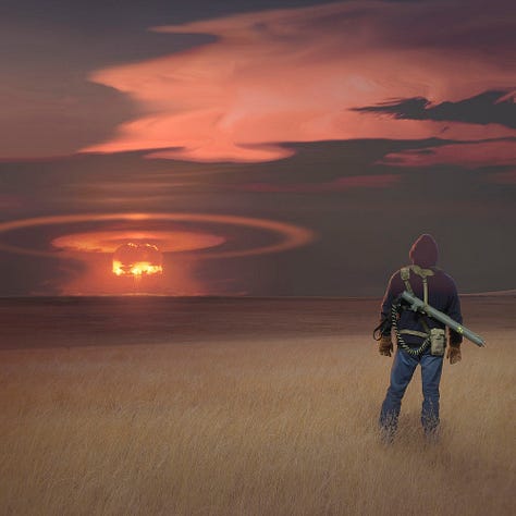 LEFT: Detail from LEGENDS OF THE FALLOUT featuring a man in black hoodie standing in a field of wheat staring at a mushroom cloud erupting on the horizon. CENTER: Figure detail from LEGENDS OF THE FALLOUT featuring a man in jeans and black hoodie. Hanging from a harness on his back is a long grey tube with a radiation symbol on its barrel. A coiled cord leads from the end of the EM weapon to a tan pouch on the back of his belt, presumably the power supply. The man wears thick tan work gloves. RIGHT: Background detail from LEGENDS OF THE FALLOUT featuring a mushroom cloud blossoming on the horizon. Rendered in coral with an intense burst of yellow on the underside of the cloud, it is simultaneously soothing and violent. An illuminated halo hovers above the mushroom cloud and a ring radiates outward in its orbit. The foreground is filled with a field of wheat providing a justaposition of normal scenery and apocalyptic event.