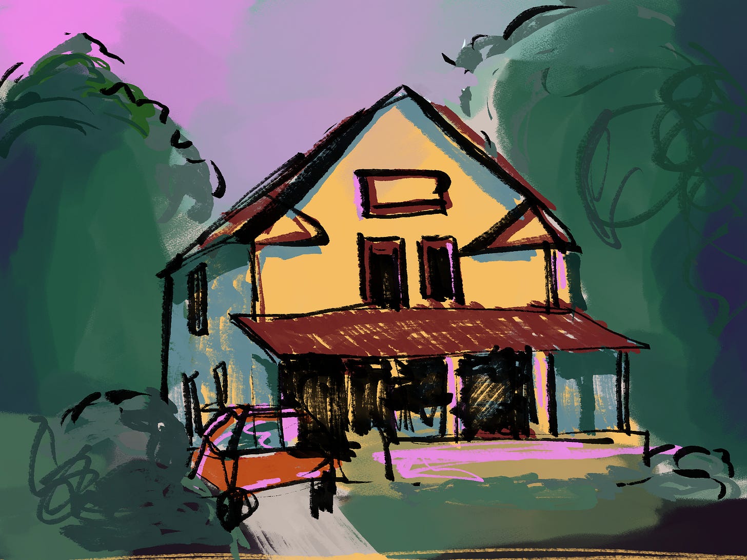 sketch of a yellow house against a neon pink sky, surrounded by trees sketch of a yellow house against a neon pink sky, surrounded by trees