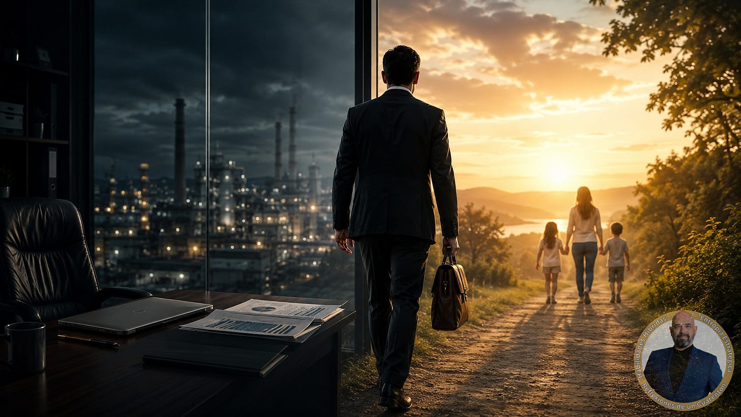 Un ejecutivo de traje camina desde una oficina corporativa oscura, con una planta industrial al fondo, hacia un camino iluminado por el atardecer donde lo espera su familia. La imagen simboliza la decisión de priorizar la vida personal frente a una carrera marcada por la presión constante y reflexiona sobre cómo ha cambiado la relación entre las personas y las empresas en un mercado laboral cada vez más competitivo.