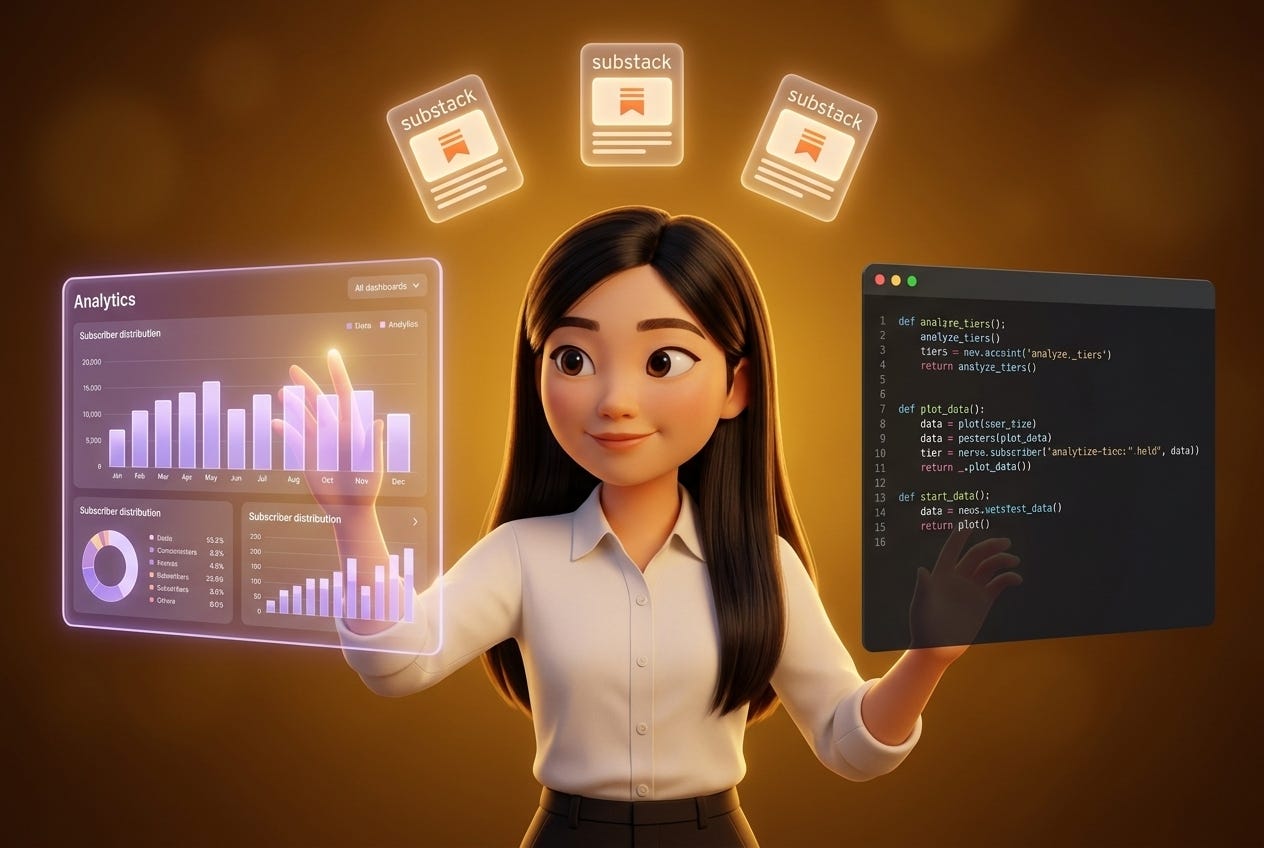 Pixar-style 3D illustration of Jenny Ouyang from Build to Launch in an active pose at a glowing laptop, with floating newsletter icons and analytics dashboard panels around her representing a Substack niche analyzer app being built, warm amber lighting