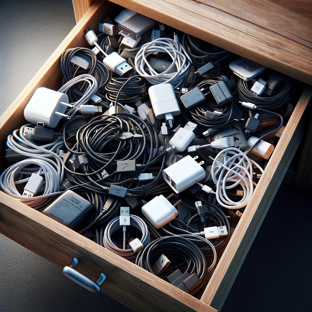 A photorealistic image of a very messy drawer filled with various computer, cellphone, and device chargers. The cables are extremely tangled and knotted, creating a chaotic and disorganized scene. The drawer is overflowing with different types of chargers, power adapters, and USB cables, all in a jumbled mess. A photorealistic image of a very messy drawer filled with various computer, cellphone, and device chargers. The cables are extremely tangled and knotted, creating a chaotic and disorganized scene. The drawer is overflowing with different types of chargers, power adapters, and USB cables, all in a jumbled mess.