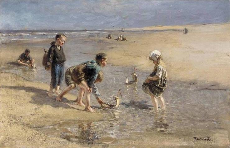 'Spelende kinderen op het strand' - Olieverf op doek: Bernard Blommers
