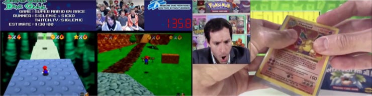 Um recorde mundial de speedrun no Super Mario 64. Um colecionador de Pokémon tira do pacotinho um Charizard de 1ª edição e quase tem um treco. Um recorde mundial de speedrun no Super Mario 64. Um colecionador de Pokémon tira do pacotinho um Charizard de 1ª edição e quase tem um treco.