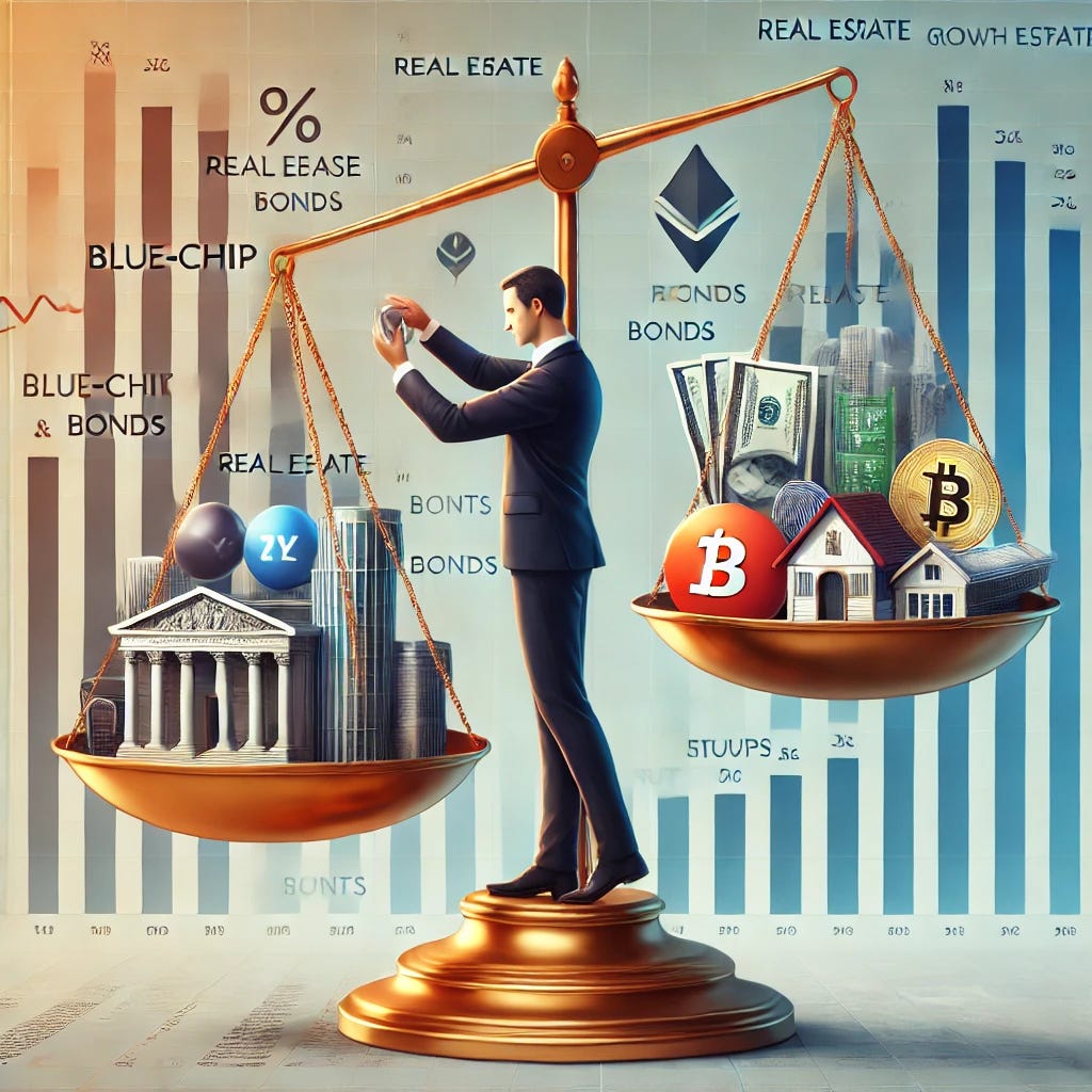 A conceptual illustration of an investor balancing a portfolio, represented as a scale with different asset classes. On one side, there are blue-chip stocks, real estate, and bonds, symbolizing stability. On the other side, there are growth stocks, cryptocurrencies, and startups, representing risk and high potential returns. The investor, dressed in business attire, is carefully adjusting the balance. The background is minimalistic with financial graphs subtly integrated.