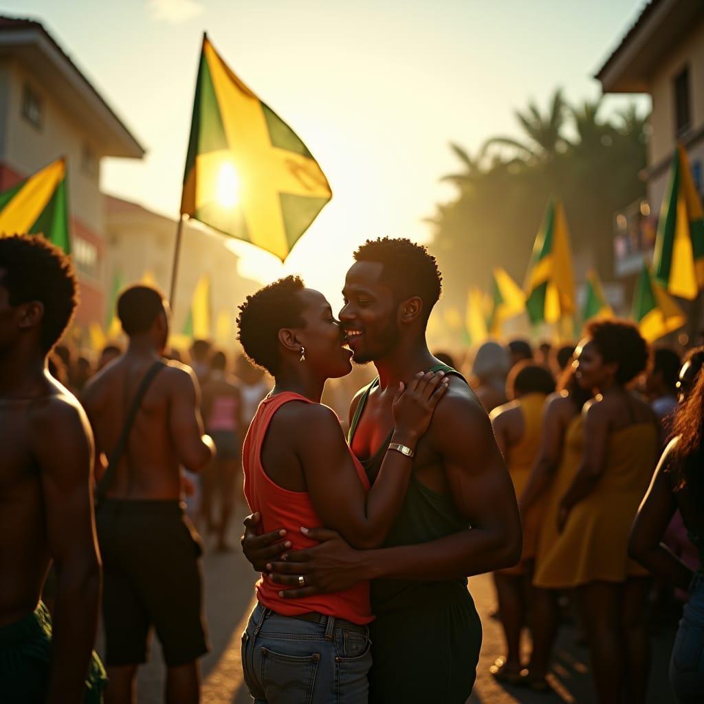 Vibrant Jamaican independence celebration, warm golden light casting long shadows, flags and colorful decorations swaying in the breeze, people of all ages gathered, smiling and embracing