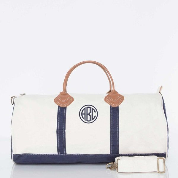 Monogrammed Canvas Duffle Round Duffel Leather Handles Travel Bag