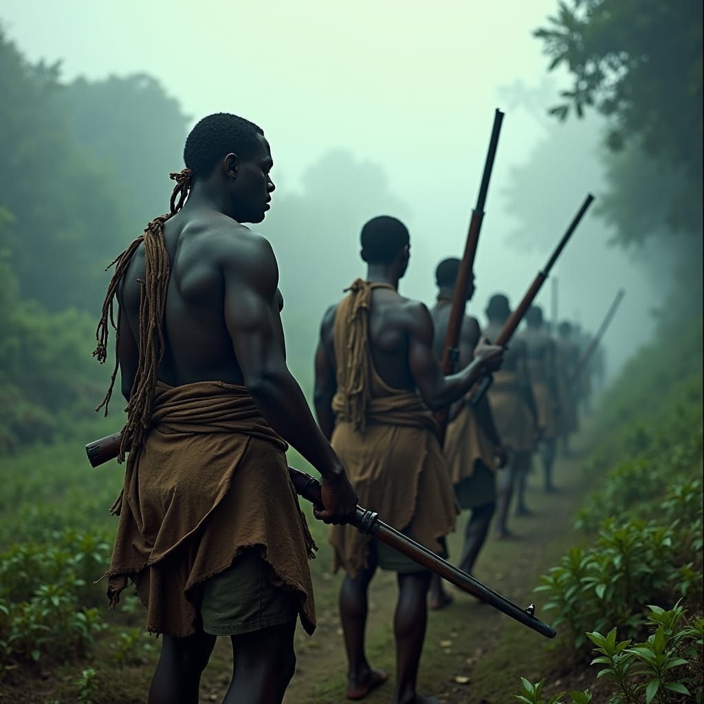 Depicting the fierce resilience of the Maroons, who fought from 1728 to 1739 against British colonial forces in Jamaica, this image captures the strength and determination of communities of escaped Africans who found refuge in the island’s rugged interior.