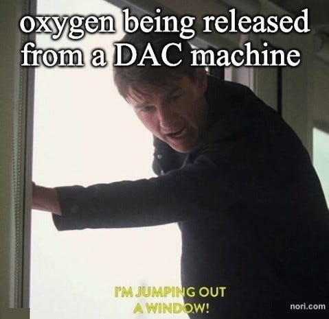 Text: "oxygen being released from a DAC machine." Below, Tom Cruise bracing at an open window, subtitled "I'm jumping out a window!"