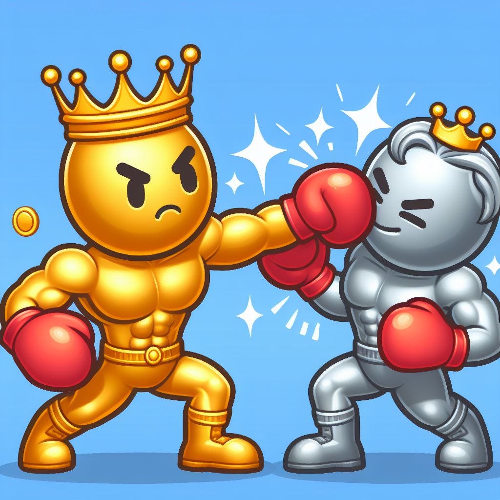 Gold vs Silver Boxing Match: A cartoon-style boxing match with a muscular gold character (wearing a fancy crown) and a smaller, scrappier silver character (wearing boxing gloves). Silver is landing a surprising punch on Gold, who is looking a bit wobbly.