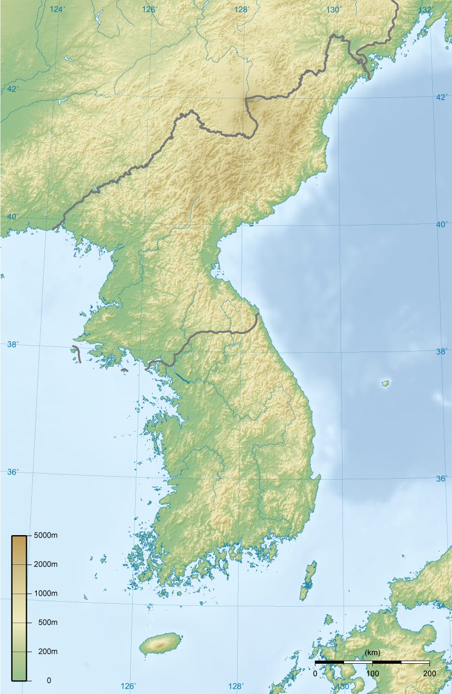 A high-resolution topographic relief map of the Korean peninsula. The map is heavily dominated by dark brown and shadowed ridges, illustrating that approximately 70 percent of the land consists of rugged mountains. The eastern spine shows the continuous Taebaek mountain range, while small areas of flat green lowlands are visible only along the western and southern coasts, highlighting the historical difficulty of overland travel.