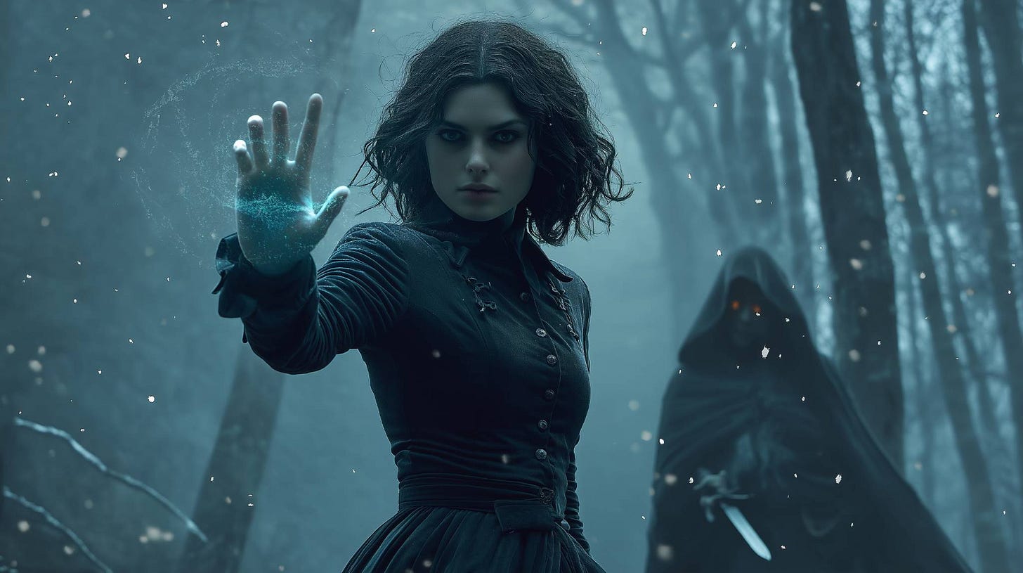 A dark-haired woman in a black dress stands in a snowy, misty forest, her hand glowing with blue magic as a hooded figure with burning eyes and a dagger looms behind her.