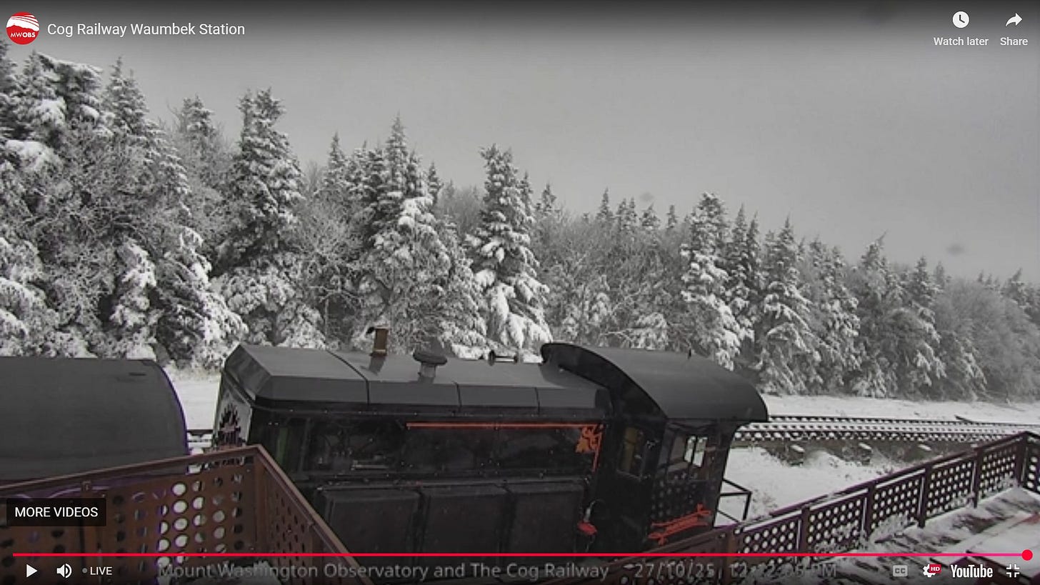 May be an image of train, railroad and text that says 'HWDaS Cog Railway Waumbek Station Watch later Share MORE MOREVIDEOS VIDEOS LIVE LIVE CC Youlube ٦٢'