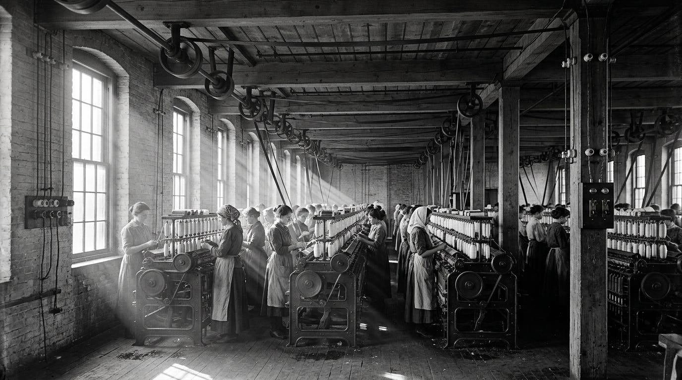 An early twentieth-century textile mill with overhead mechanical drive shafts, heavy leather belts, and early electrical wiring running along brick walls. An early twentieth-century textile mill with overhead mechanical drive shafts, heavy leather belts, and early electrical wiring running along brick walls.