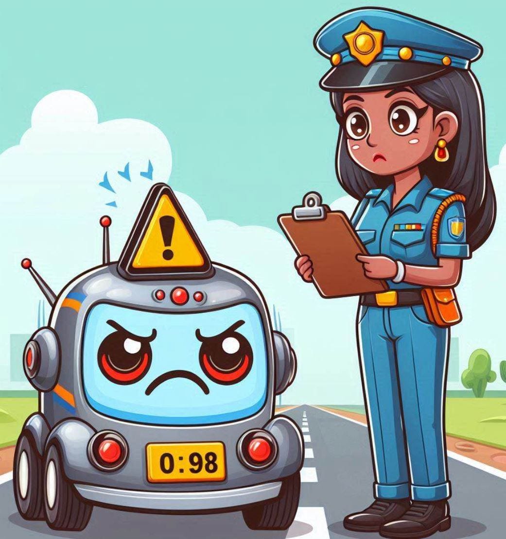 Police officer giving bad driving grade to an unhappy robotaxi.  AI Art / Bing Image Creator