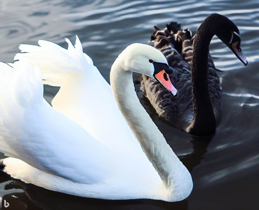 A picture of a black and white swan swimming next to each other