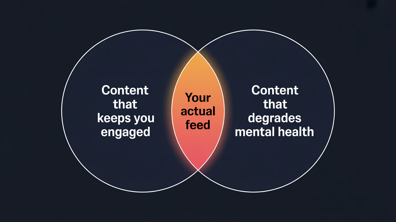 Venn diagram showing overlap between engaging content and mentally harmful content, with the intersection labeled as your actual social media feed