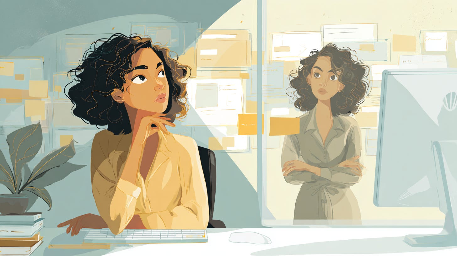 Person at desk with window reflection showing two versions of themselves—one typing intensely, another standing back observing floating digital screens.