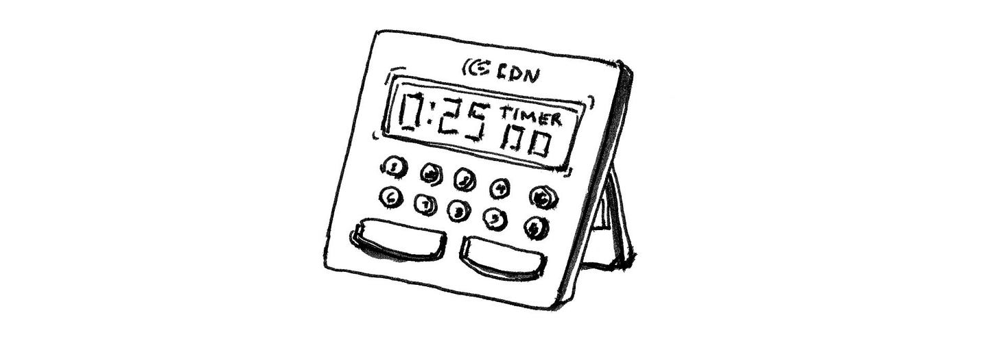 Black and white ink drawing of Helga II timer by cartoonist K. Woodman-Maynard. 