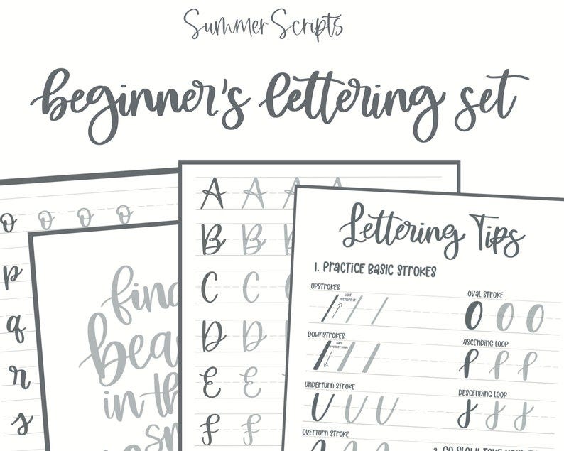 May include: A beginner's lettering set with the text "Summer Scripts" at the top. The set includes practice sheets with lettering tips, basic strokes, and examples of letters. The sheets are white with gray lettering.