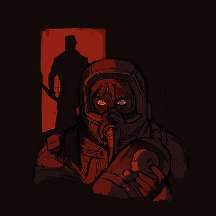 Wake in her haz suit clutching her daughter, the shadow of Gideon the First behind her Wake in her haz suit clutching her daughter, the shadow of Gideon the First behind her