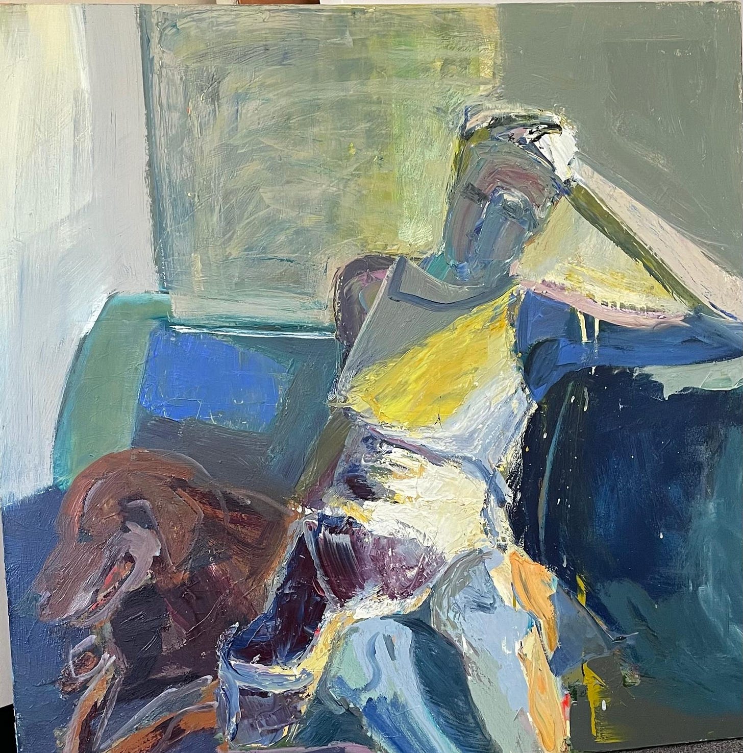 A painting of a person sitting on a couch

Description automatically generated