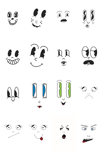 Various cartoon faces with distinct expressions, including happy, sad, surprised, and angry, on a white background. Some have colorful eyes. Various cartoon faces with distinct expressions, including happy, sad, surprised, and angry, on a white background. Some have colorful eyes.