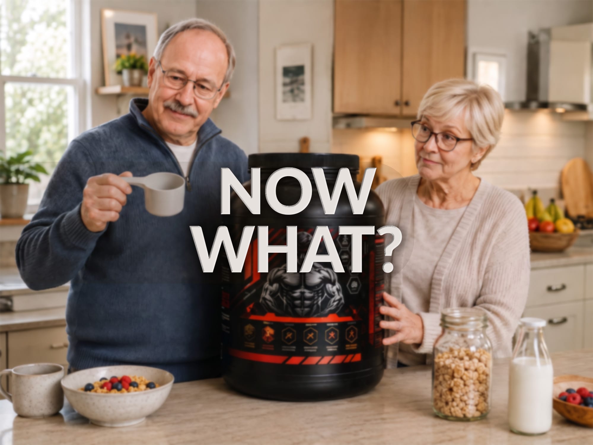 Two mid-life adults wondering what to do with an improbably large tub of protein powder Two mid-life adults wondering what to do with an improbably large tub of protein powder