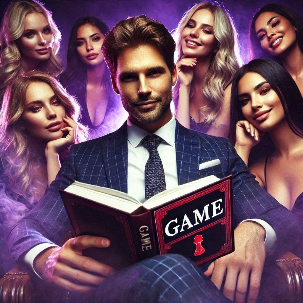 photo realistic. An attractive man in a suit is sitting reading a mysterious book that says "Game" on it.  Around him, in a purple mist, are different beautiful women from all races smiling at him