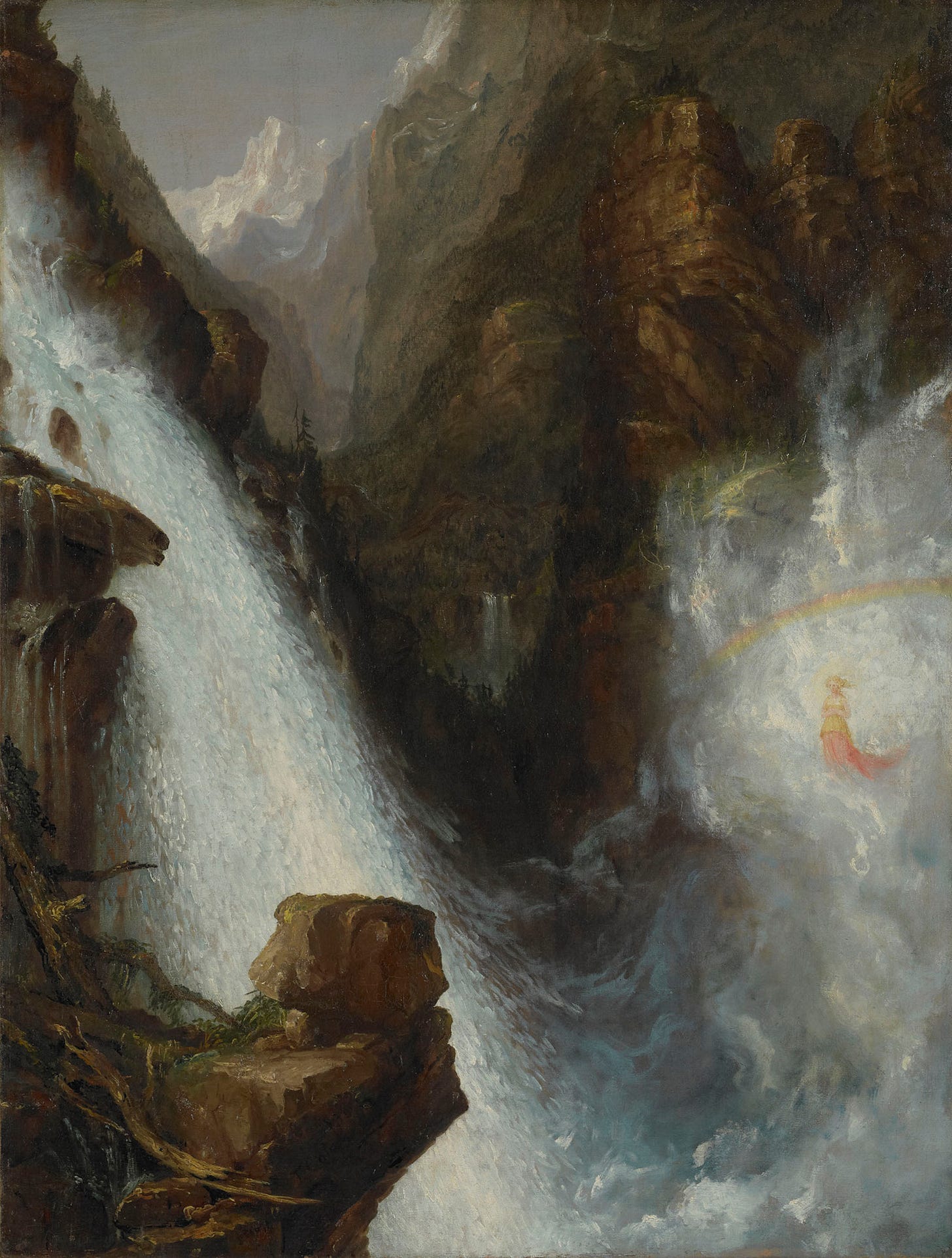 waterfall, snowy mountain, crags waterfall, snowy mountain, crags