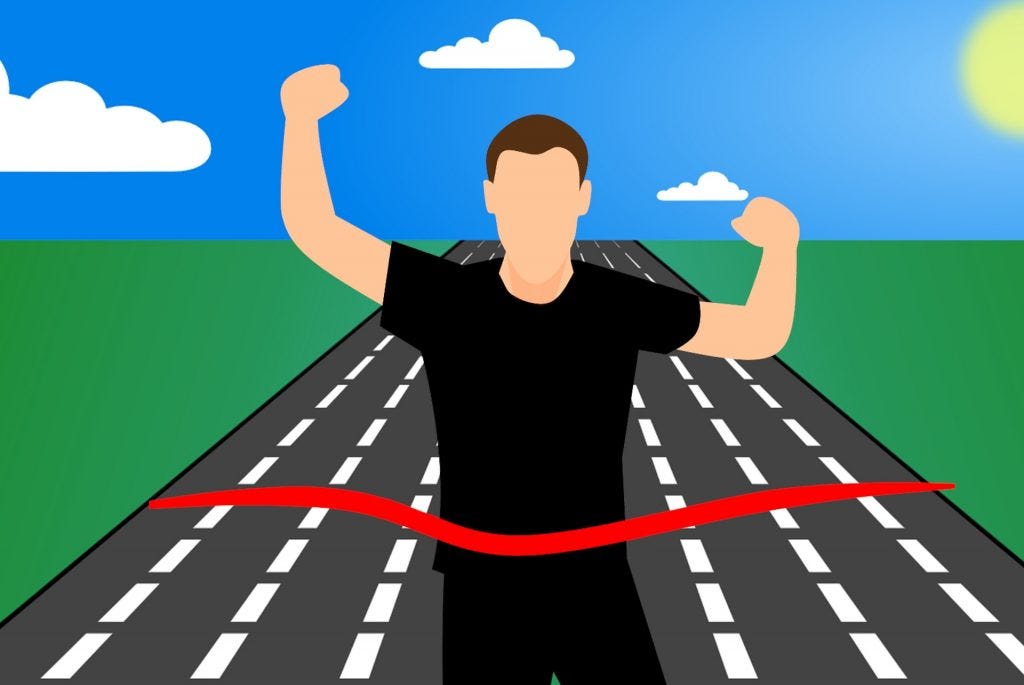 Cartoon of man breaking through the finish line tape or a run with a black tshirt and his arms raised in the air in excitement Cartoon of man breaking through the finish line tape or a run with a black tshirt and his arms raised in the air in excitement