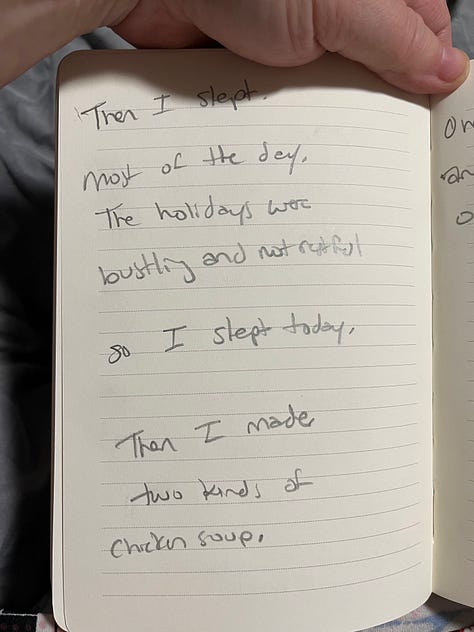 Four journal pages written with my eyes closed, soup, a poster for a writing workshop and an accidental whale drawn on a map by driving at night 