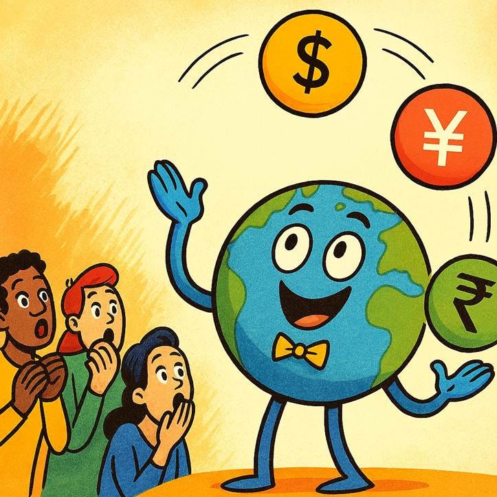 Cartoon of a planet with a cartoon character juggling money

AI-generated content may be incorrect.