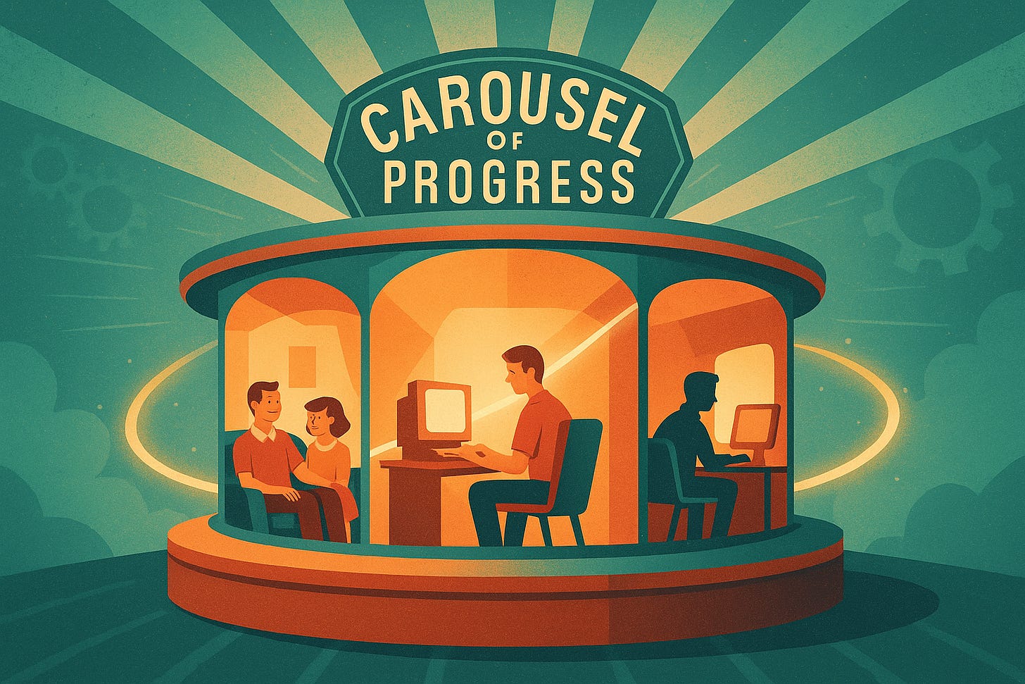 A stylized mid-century illustration of Disneyland’s Carousel of Progress, showing a rotating stage with scenes from different eras—a 1950s family, an office worker at an early computer, and a person in a futuristic workspace—connected by a glowing ribbon of light to symbolize progress and automation through time.