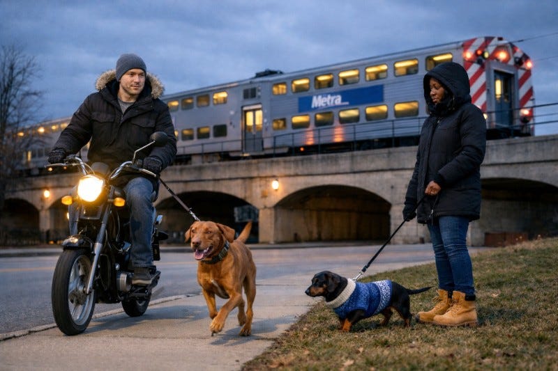 Man on moped holds leash of a large dog while a Black woman stands in the grass with her leashed dog.