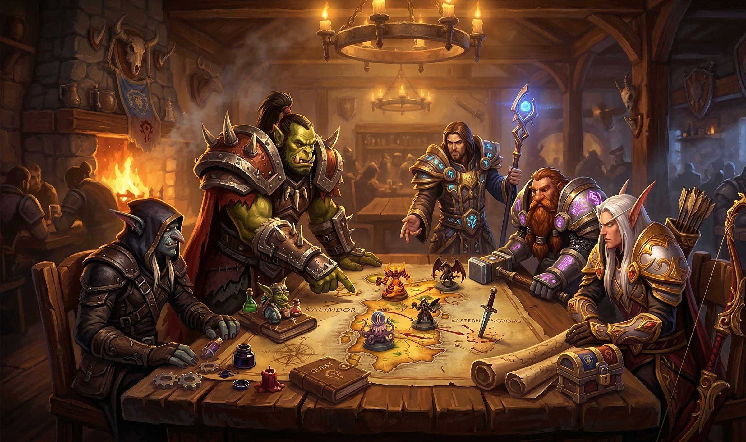 A group of armored fantasy characters from multiple races gathered around a wooden table with a map of Azeroth, planning their next raid by candlelight in a warm tavern
