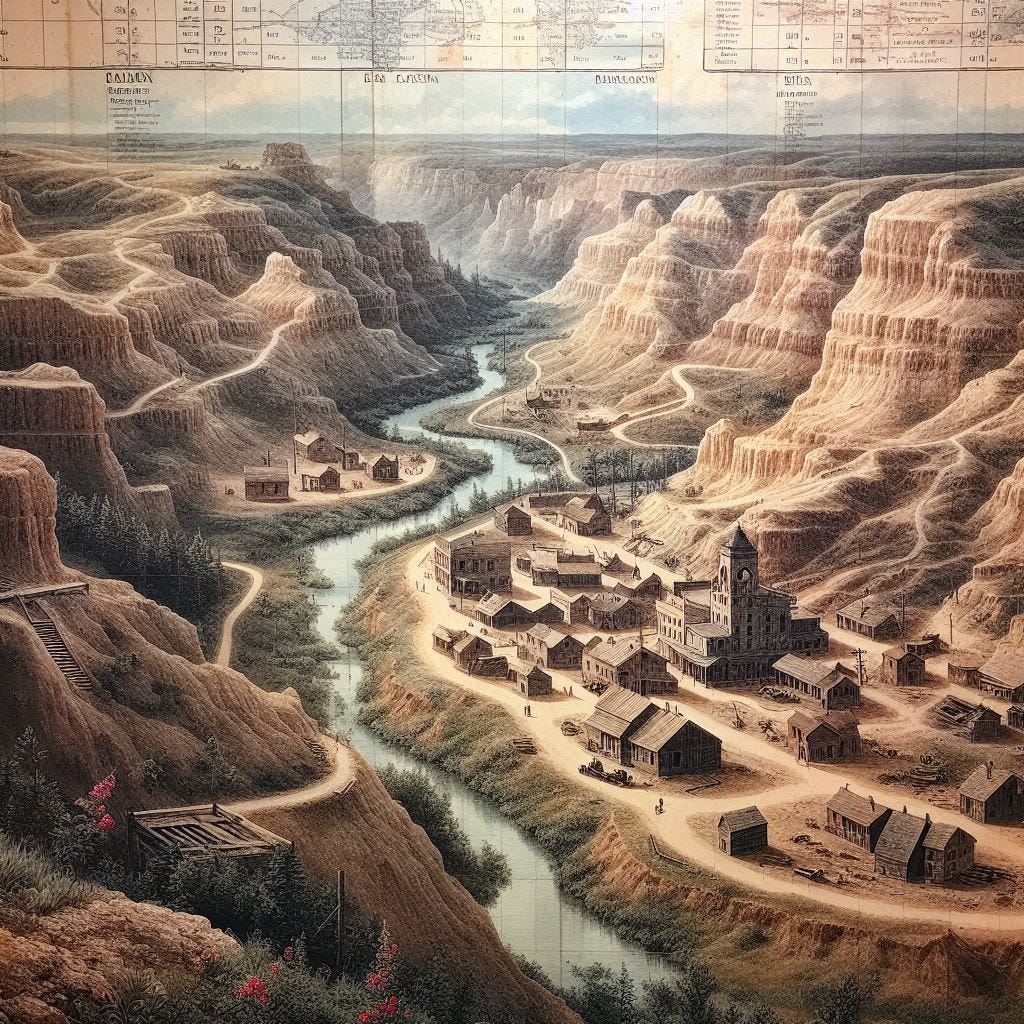 map of a small mining town in the 1800s, nestled in a canyon in the badlands map of a small mining town in the 1800s, nestled in a canyon in the badlands