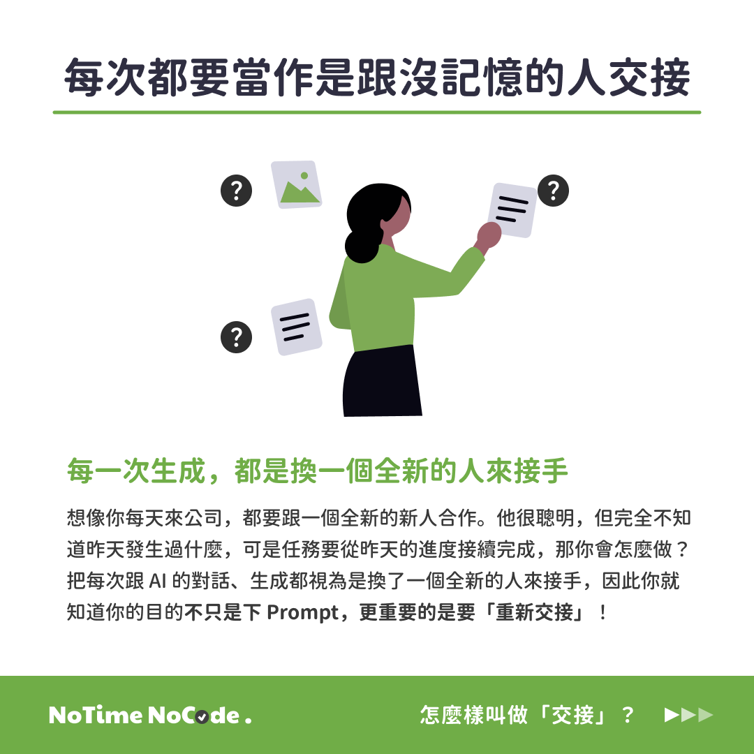 插畫中一位穿綠色上衣的女生拿著文件,周圍飄著帶問號的圖片與文件圖示,象徵每次接手的 AI 都不知道之前發生過什麼。 插畫中一位穿綠色上衣的女生拿著文件,周圍飄著帶問號的圖片與文件圖示,象徵每次接手的 AI 都不知道之前發生過什麼。