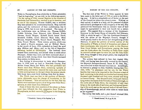 Scanned two-page spreads from an 1867 history book, dense columns of printed text with passages highlighted in yellow and purple marking references to early Welsh settlers on the Pedee River in colonial South Carolina, including the surname Sorrency in several spellings.