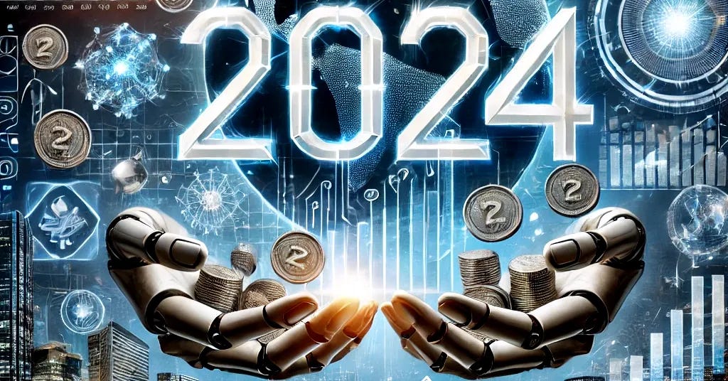 A futuristic and optimistic depiction of technology investments in 2024, prominently featuring the year '2024' in large, glowing futuristic font at the center. The image includes elements like glowing financial charts, robotic hands holding coins, quantum computing symbols, and a sleek urban skyline in the background. It maintains a clean, professional look with vibrant blues, silvers, and greens to represent technology and prosperity. Hints of innovation, such as holographic displays and cutting-edge devices, are integrated, with the number '2024' being the focal point, surrounded by dynamic, futuristic designs.