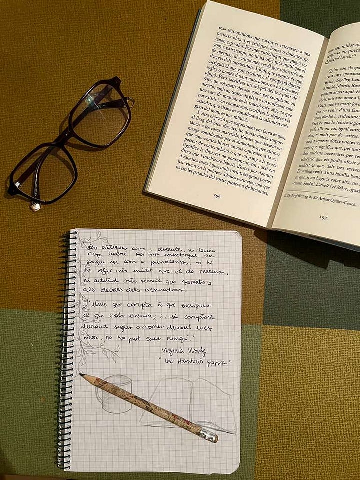 Photo 1: A book on a table beside a pair of glasses, handwritten notes, and small drawings, suggesting a quiet reading and writing moment.Photo 2: A woman reading her own novel on a train, holding the book in natural light.