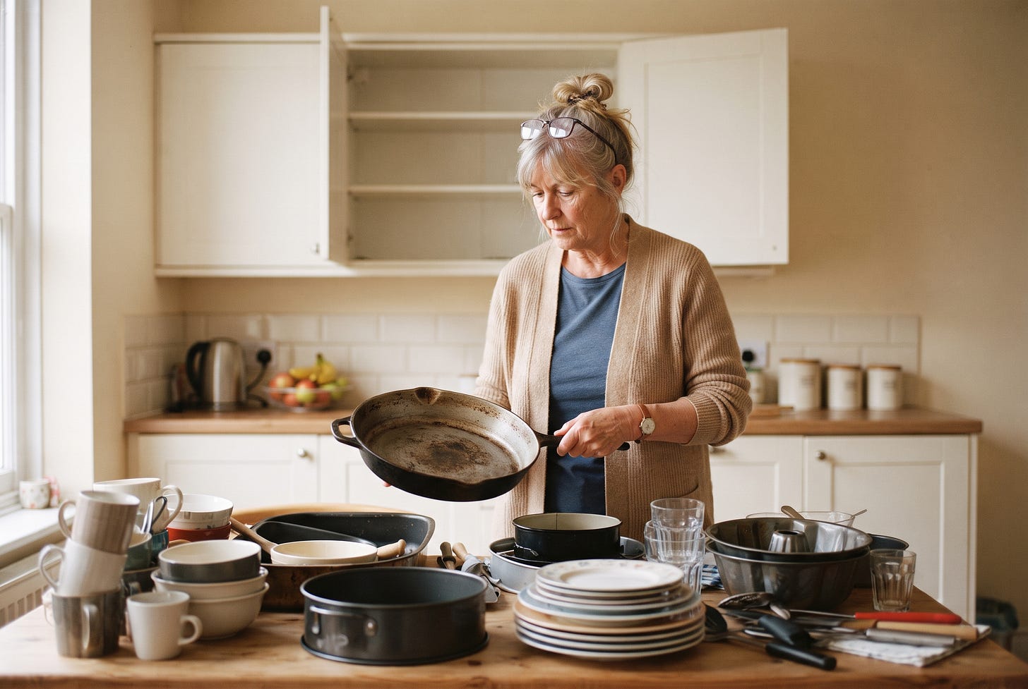A woman in her sixties at a kitchen table covered with pans, mugs and plates from her emptied upper cabinets, weighing a heavy skillet as she sorts what she uses every week, a free home modification for aging in place.