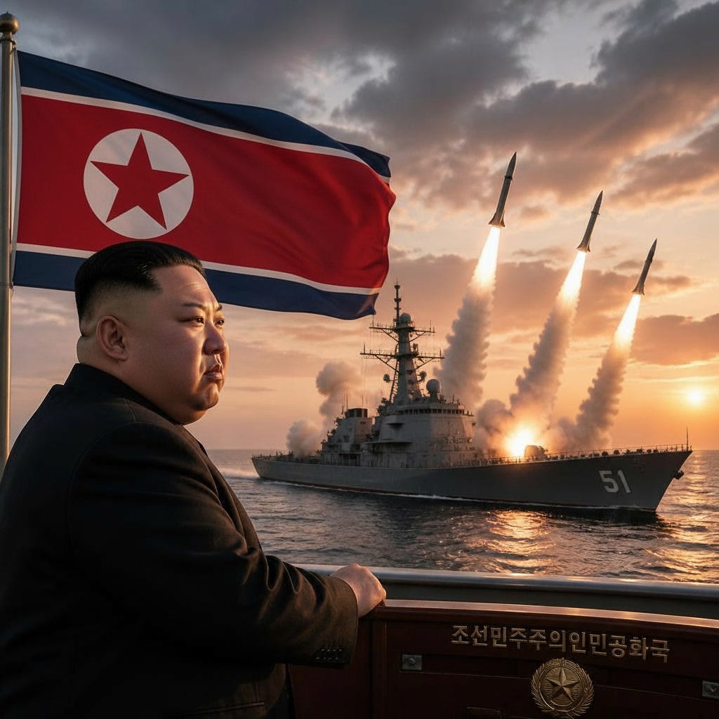 Kim Jong Un observa um navio de guerra norte-coreano enquanto três mísseis são lançados ao fundo, diante da bandeira da Coreia do Norte.