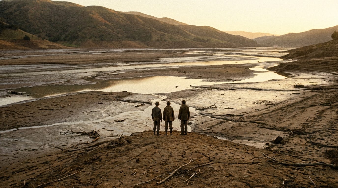 A wide new-dawn valley of drying earth after a flood, one small family of figures seen from far behind standing on a bare ridge, soft light breaking over empty hills, no faces, no text A wide new-dawn valley of drying earth after a flood, one small family of figures seen from far behind standing on a bare ridge, soft light breaking over empty hills, no faces, no text