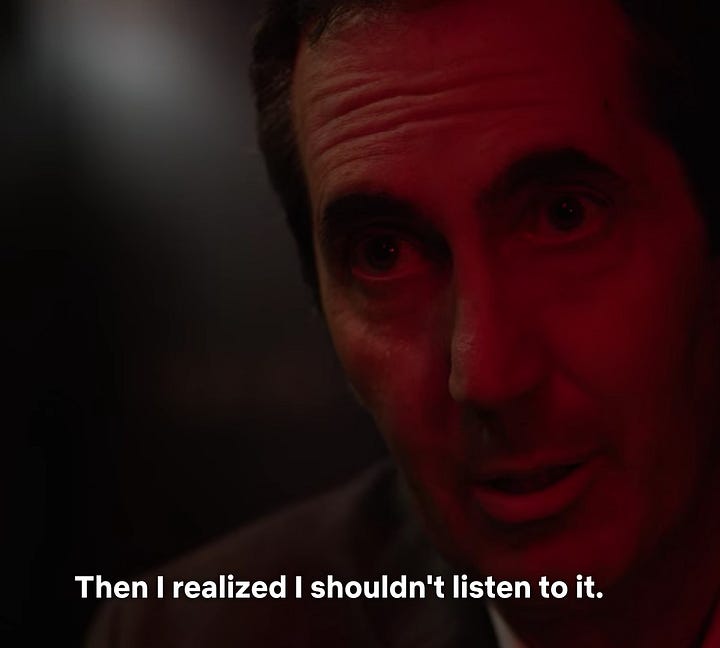 Stills from "Baby," a Netflix original series. The camera moves between two faces lit red in a darkened room. An older man with dark hair is speaking to a teenaged girl with blonde hair. The man is saying "I didn't think I was good enough either. It was like I had a voice in my head constantly telling me: "You're not good enough. You're not good enough." Then I realized I shouldn't listen to it. Because it wasn't mine."